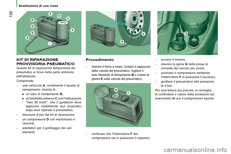Peugeot Boxer 2010  Manuale del proprietario (in Italian)  136
   Sostituzione  di  una  ruota   
 KIT DI RIPARAZIONE 
PROVVISORIA PNEUMATICO 
 Questo kit di riparazione temporanea dei  
pneumatici si trova nella parte anteriore 
dellabitacolo.  
 Comprende