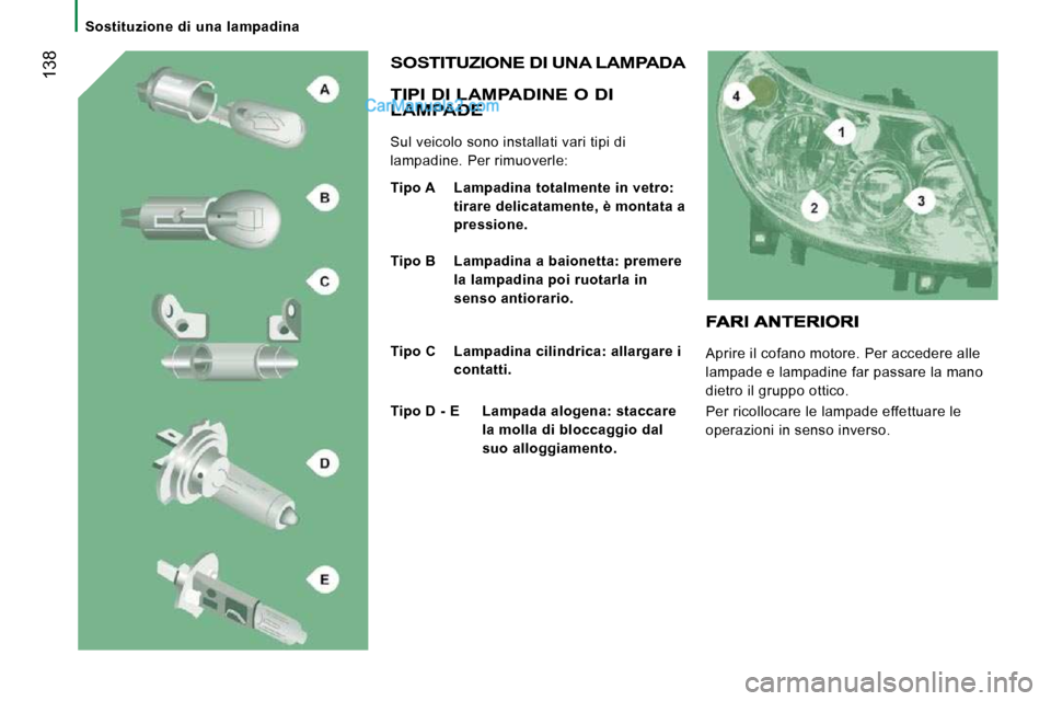 Peugeot Boxer 2010  Manuale del proprietario (in Italian)  138
   Sostituzione  di  una  lampadina   
  TIPI DI LAMPADINE O DI LAMPADE 
 Sul veicolo sono installati vari tipi di  
lampadine. Per rimuoverle: 
 SOSTITUZIONE DI UNA LAMPADA 
  
Tipo A    Lampadi