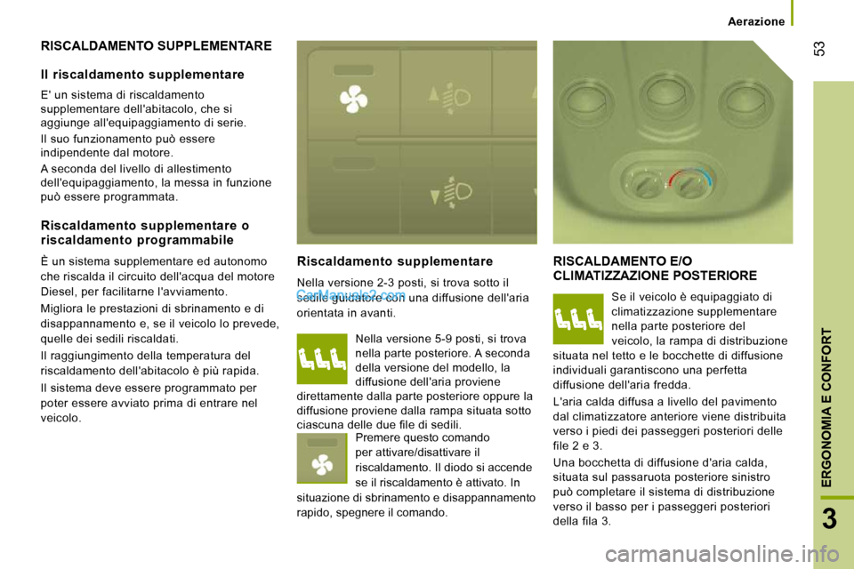 Peugeot Boxer 2010 Manuale del proprietario (in Italian) 53
3
ERGONOMIA E CONFORT
Aerazione
RISCALDAMENTO SUPPLEMENTARE
Riscaldamento supplementare
Nella versione 2-3 posti, si trova sotto il
sedile guidatore con una diffusione dellaria
ori Peugeot Boxer 2010 Manuale del proprietario (in Italian) 53
3
ERGONOMIA E CONFORT
Aerazione
RISCALDAMENTO SUPPLEMENTARE
Riscaldamento supplementare
Nella versione 2-3 posti, si trova sotto il
sedile guidatore con una diffusione dellaria
ori