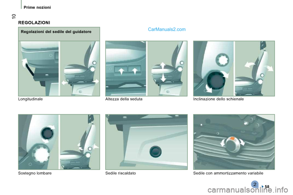 Peugeot Boxer 2010  Manuale del proprietario (in Italian) 2
 10
Prime  nozioni
 REGOLAZIONI 
  
58     
  Regolazioni del sedile del guidatore 
 Longitudinale   Altezza della seduta   Inclinazione  dello schienale 
 Sostegno lombare   Sedile riscaldato   Sed
