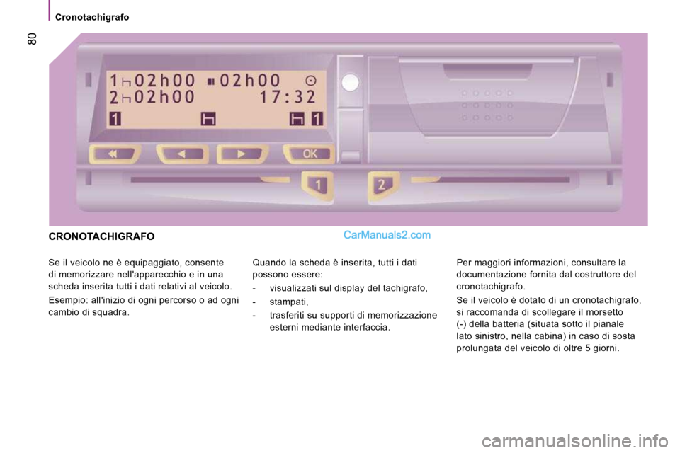 Peugeot Boxer 2010 Manuale del proprietario (in Italian) Cronotachigrafo
80
CRONOTACHIGRAFO
Se il veicolo ne è equipaggiato, consente
di memorizzare nellapparecchio e in una
scheda inserita tutti i dati relativi al veicolo.
Esempio: allin Peugeot Boxer 2010 Manuale del proprietario (in Italian) Cronotachigrafo
80
CRONOTACHIGRAFO
Se il veicolo ne è equipaggiato, consente
di memorizzare nellapparecchio e in una
scheda inserita tutti i dati relativi al veicolo.
Esempio: allin