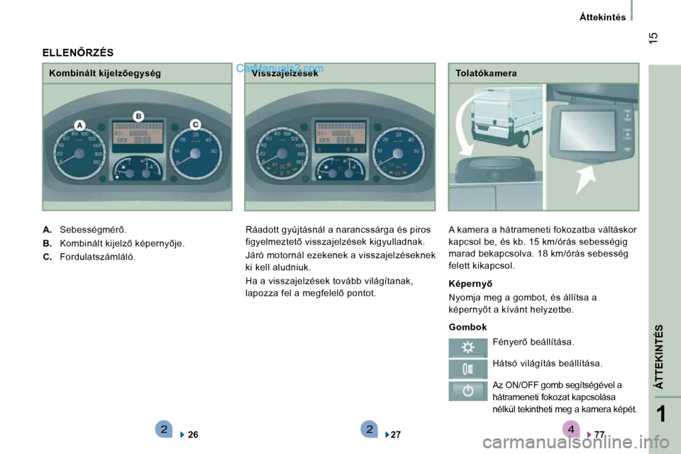 Peugeot Boxer 2010  Kezelési útmutató (in Hungarian) 4221
ÁTTEKINTÉS
 15
   Áttekintés   
  Tolatókamera 
� �A� �k�a�m�e�r�a� �a� �h�á�t�r�a�m�e�n�e�t�i� �f�o�k�o�z�a�t�b�a� �v�á�l�t�á�s�k�o�r�  
�k�a�p�c�s�o�l� �b�e�,� �é�s� �k�b�.� �1�5� �k�m