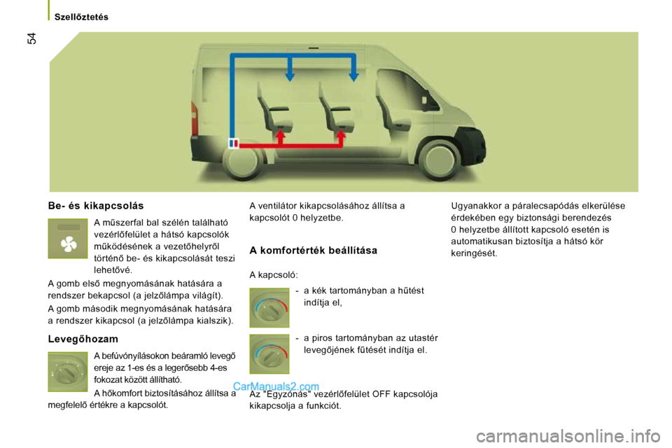 Peugeot Boxer 2010  Kezelési útmutató (in Hungarian) 54
� � � �S�z�e�l�l5�z�t�e�t�é�s� � � 
  Be-  és  kikapcsolás 
� � �A� �mC�s�z�e�r�f�a�l� �b�a�l� �s�z�é�l�é�n� �t�a�l�á�l�h�a�t�ó�  
�v�e�z�é�r�l5�f�e�l�ü�l�e�t� �a� �h�á�t�s�ó� �k�a�p�