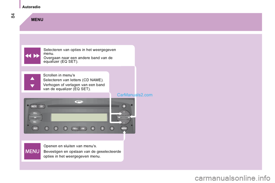 Peugeot Boxer 2010  Handleiding (in Dutch) FM
MUTE CD
AM
AS
 84
   Autoradio   
 Openen en sluiten van menus.  
 Bevestigen en opslaan van de geselecteerde  
opties in het weergegeven menu. 
 Scrollen in menus  
 Selecteren van letters (CD N