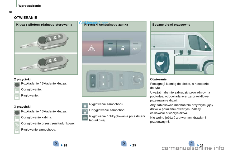 Peugeot Boxer 2010  Instrukcja Obsługi (in Polish) 222
 6
�W�p�r�o�w�a�d�z�e�n�i�e
� � �B�o�c�z�n�e� �d�r�z�w�i� �p�r�z�e�s�u�w�n�e� 
  
�O�t�w�i�e�r�a�n�i�e   
� �P�o�c�i"�g�n"�ć� �k�l�a�m�k� �d�o� �s�i�e�b�i�e�,� �a� �n�a�s�t�p�n�i�e�  
�d�o�