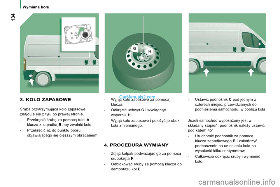 Peugeot Boxer 2010  Instrukcja Obsługi (in Polish) � � � �W�y�m�i�a�n�a�  �k�o�ł�a� � � 
  4. PROCEDURA WYMIANY 
� � � �-� �  �Z�d�j"�ć� �k�o�ł�p�a�k� �p�o�d�w�aG�a�j"�c� �g�o� �z�a� �p�o�m�o�c"� ;�r�u�b�o�k�r�t�a�     
F � �.� 
� � �-� �  �