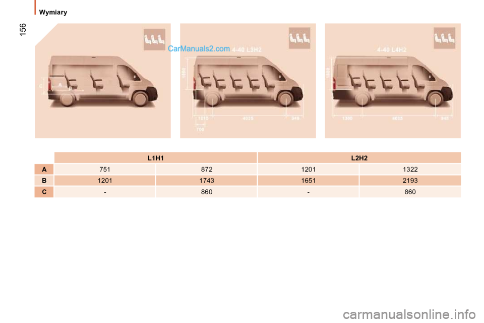 Peugeot Boxer 2010  Instrukcja Obsługi (in Polish)  156
     
�L�1�H�1        
�L�2�H�2    
   
A       751     872     1201   � � �1�3�2�2� � 
   
�B       1201   � � �1�7�4�3� �   1651  � � �2�1�9�3� � 
   
C     � � �-� �    860   � � �-� �   860  
