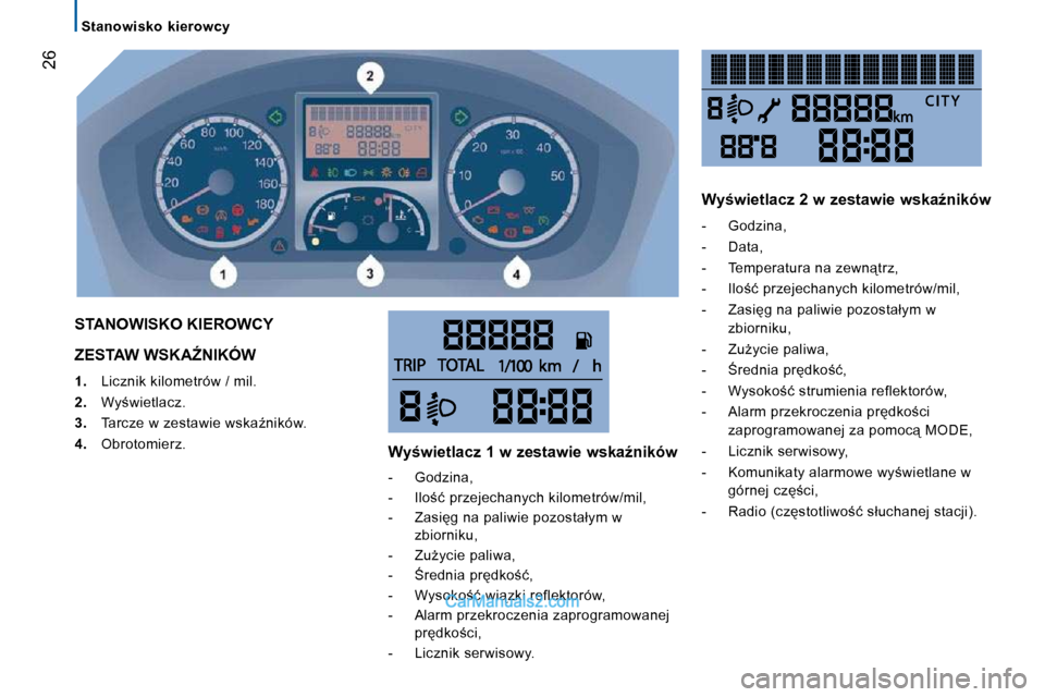 Peugeot Boxer 2010  Instrukcja Obsługi (in Polish) �2�6
   Stanowisko  kierowcy   
� �Z�E�S�T�A�W� �W�S�K�AD�N�I�K�Ó�W� 
   
1. � �  �L�i�c�z�n�i�k� �k�i�l�o�m�e�t�r�ó�w� �/� �m�i�l�.� 
  
2. � �  �W�y;�w�i�e�t�l�a�c�z�.� 
  
3. � �  �T�a�r�c�z�e�