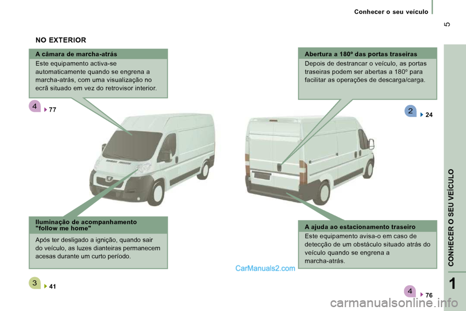 Peugeot Boxer 2010  Manual do proprietário (in Portuguese) 4
3
4
2
1
CONHECER 
O SEU
 VEÍCULO
 5
   Conhecer  o  seu  veículo   
  A câmara de marcha-atrás  
 Este equipamento activa-se  
automaticamente quando se engrena a 
marcha-atrás, com uma visuali