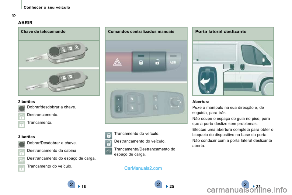 Peugeot Boxer 2010  Manual do proprietário (in Portuguese) 222
 6
   Conhecer  o  seu  veículo   
  Porta lateral deslizante 
  
Abertura   
 Puxe o manípulo na sua direcção e, de  
seguida, para trás.  
 Não ocupe o espaço do guia no piso, para  
que 