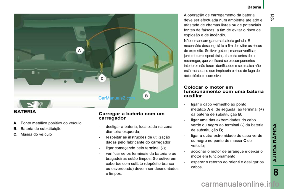 Peugeot Boxer 2010  Manual do proprietário (in Portuguese)  131
AJUDA RÁPIDA
8
    
A.    Ponto metálico positivo do veículo 
  
B.    Bateria de substituição 
  
C.    Massa do veículo   
  Carregar a bateria com um carregador 
   -   desligar a bateri