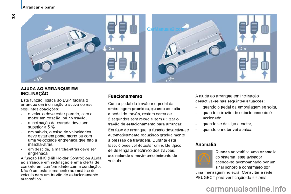 Peugeot Boxer 2010 Manual do proprietário (in Portuguese) Arrancar e parar
AJUDA AO ARRANQUE EM INCLINAÇÃO
Esta função, ligada ao ESP, facilita o
arranque em inclinação e activa-se nas
seguintes condições:
- o veículo deve estar Peugeot Boxer 2010 Manual do proprietário (in Portuguese) Arrancar e parar
AJUDA AO ARRANQUE EM INCLINAÇÃO
Esta função, ligada ao ESP, facilita o
arranque em inclinação e activa-se nas
seguintes condições:
- o veículo deve estar