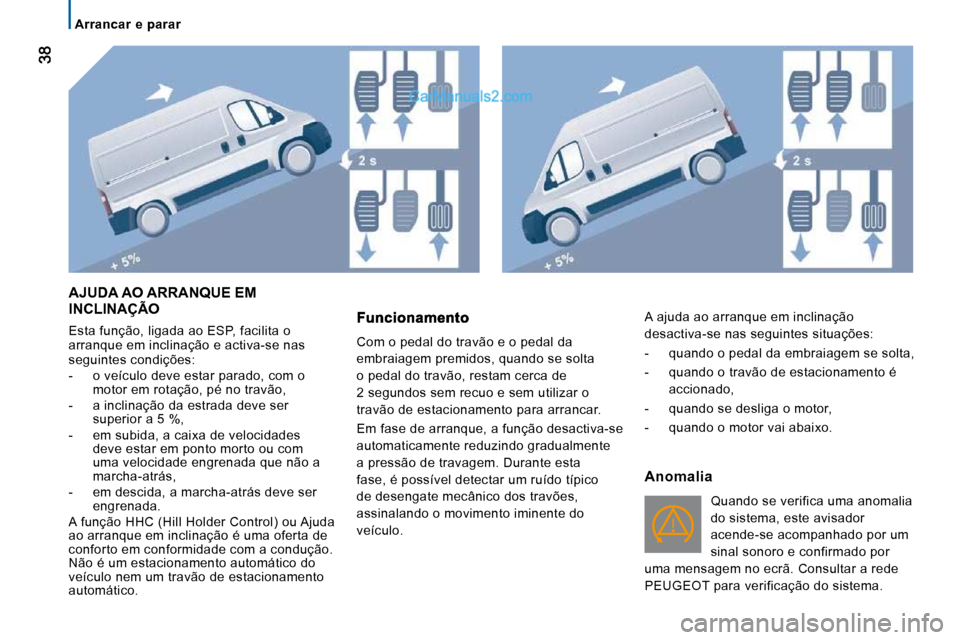 Peugeot Boxer 2010  Manual do proprietário (in Portuguese)    Arrancar  e  parar   
 AJUDA AO ARRANQUE EM INCLINAÇÃO 
 Esta função, ligada ao ESP, facilita o  
arranque em inclinação e activa-se nas 
seguintes condições:  
   -   o veículo deve estar