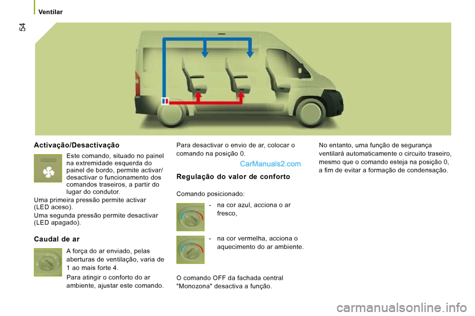 Peugeot Boxer 2010 Manual do proprietário (in Portuguese) 54
Ventilar
Activação/Desactivação
Este comando, situado no painel
na extremidade esquerda do
painel de bordo, permite activar/
desactivar o funcionamento dos
comandos traseiros, a Peugeot Boxer 2010 Manual do proprietário (in Portuguese) 54
Ventilar
Activação/Desactivação
Este comando, situado no painel
na extremidade esquerda do
painel de bordo, permite activar/
desactivar o funcionamento dos
comandos traseiros, a