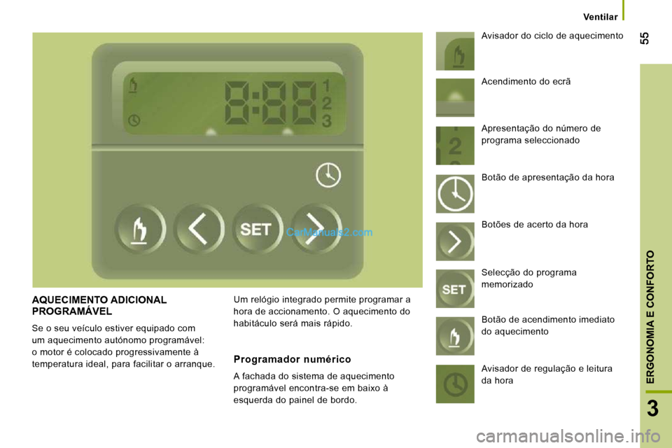 Peugeot Boxer 2010 Manual do proprietário (in Portuguese) 3
ERGONOMIA E CONFORTO
Ventilar
AQUECIMENTO ADICIONAL PROGRAMÁVEL
Se o seu veículo estiver equipado com
um aquecimento autónomo programável:
o motor é colocado progressivamente à
temperat Peugeot Boxer 2010 Manual do proprietário (in Portuguese) 3
ERGONOMIA E CONFORTO
Ventilar
AQUECIMENTO ADICIONAL PROGRAMÁVEL
Se o seu veículo estiver equipado com
um aquecimento autónomo programável:
o motor é colocado progressivamente à
temperat
