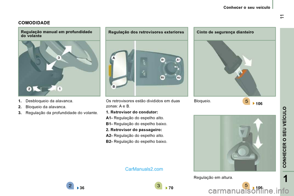 Peugeot Boxer 2010  Manual do proprietário (in Portuguese) 523
5
1
CONHECER 
O SEU
 VEÍCULO
 11
   Conhecer  o  seu  veículo   
  COMODIDADE 
   
1.    Desbloqueio da alavanca. 
  
2.    Bloqueio da alavanca. 
  
3.    Regulação da profundidade do volante