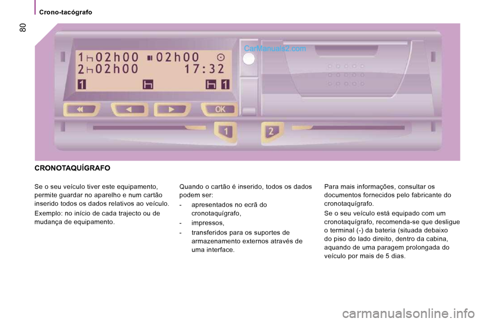 Peugeot Boxer 2010 Manual do proprietário (in Portuguese) Crono-tacógrafo
80
CRONOTAQUÍGRAFO
Se o seu veículo tiver este equipamento,
permite guardar no aparelho e num cartão
inserido todos os dados relativos ao veículo.
Exemplo: no iní Peugeot Boxer 2010 Manual do proprietário (in Portuguese) Crono-tacógrafo
80
CRONOTAQUÍGRAFO
Se o seu veículo tiver este equipamento,
permite guardar no aparelho e num cartão
inserido todos os dados relativos ao veículo.
Exemplo: no iní