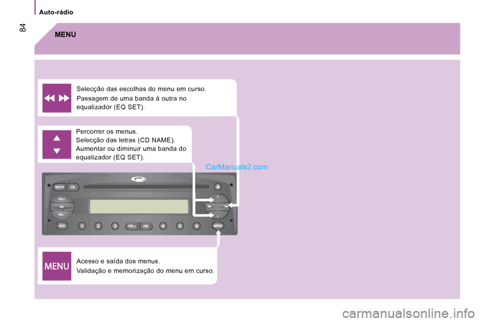 Peugeot Boxer 2010  Manual do proprietário (in Portuguese) FM
MUTE CD
AM
AS
   Auto-rádio   
 84
 Acesso e saída dos menus.  
 Validação e memorização do menu em curso. 
 Percorrer os menus.  
 Selecção das letras (CD NAME). 
 Aumentar ou diminuir uma