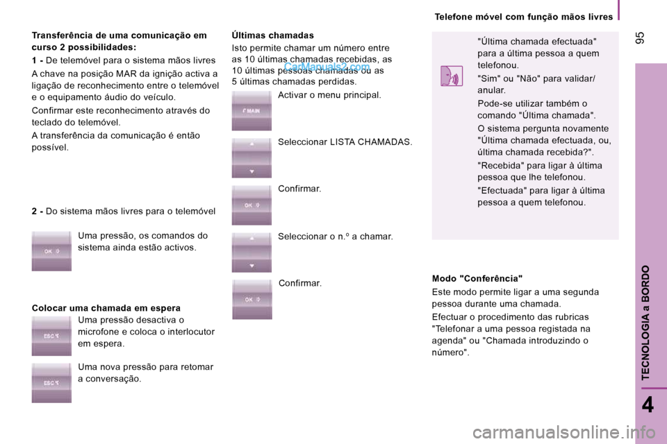 Peugeot Boxer 2010 Manual do proprietário (in Portuguese) 95
4
TECNOLOGIA
a BORDO
Telefone móvel com função mãos livres
Transferência de uma comunicação em
curso
2 possibilidades:
1 - De telemóvel para o sistema mãos livre Peugeot Boxer 2010 Manual do proprietário (in Portuguese) 95
4
TECNOLOGIA
a BORDO
Telefone móvel com função mãos livres
Transferência de uma comunicação em
curso
2 possibilidades:
1 - De telemóvel para o sistema mãos livre