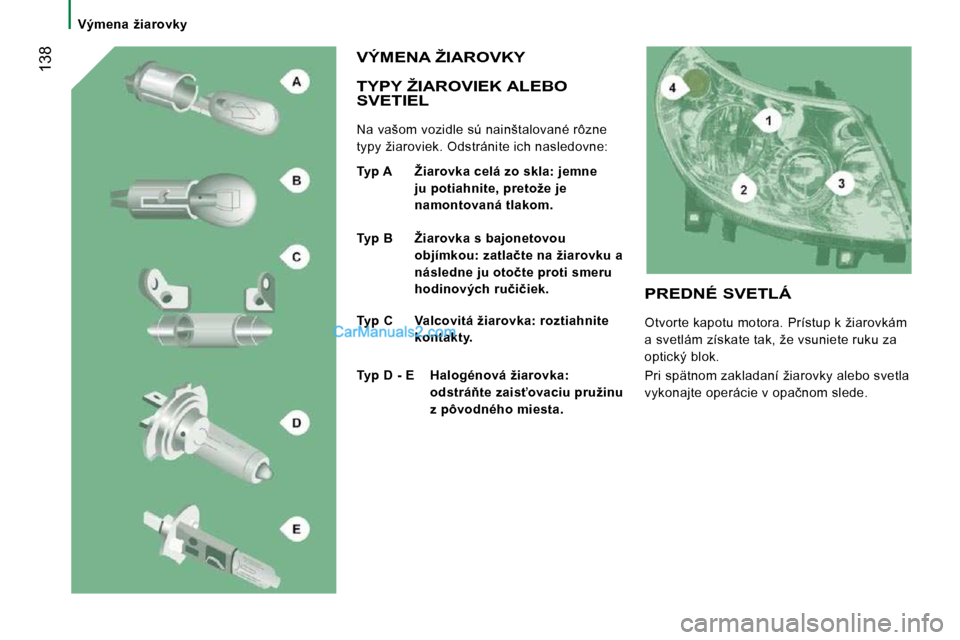 Peugeot Boxer 2010  Užívateľská príručka (in Slovak)  138
� � � �V�ý�m�e�n�a�  �ž�i�a�r�o�v�k�y� � � 
� � �T�Y�P�Y� �Ž�I�A�R�O�V�I�E�K� �A�L�E�B�O� SVETIEL 
� �N�a� �v�a�š�o�m� �v�o�z�i�d�l�e� �s�ú� �n�a�i�n�š�t�a�l�o�v�a�n�é� �r�ô�z�n�e�  
�t�y