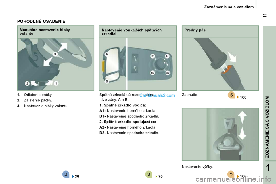 Peugeot Boxer 2010  Užívateľská príručka (in Slovak) 523
5
1
   ZOZNÁMENIE SA S VOZIDLOM   
 11
   Zoznámenie  sa  s  vozidlom   
  POHODLNÉ  USADENIE 
   
1. � �  �O�d�i�s�t�e�n�i�e� �p�á�č�k�y�.� 
  
2. � �  �Z�a�i�s�t�e�n�i�e� �p�á�č�k�y�.� 
 