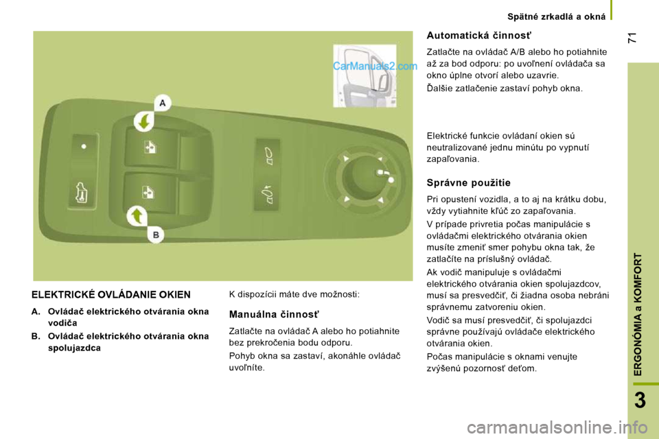 Peugeot Boxer 2010  Užívateľská príručka (in Slovak) �7�1
3
ERGONÓMIA 
a KOMFORT
   Spätné  zrkadlá  a  okná   
 ELEKTRICKÉ OVLÁDANIE OKIEN 
   
A.     �O�v�l�á�d�a�č� �e�l�e�k�t�r�i�c�k�é�h�o� �o�t�v�á�r�a�n�i�a� �o�k�n�a�  
�v�o�d�i�č�a   