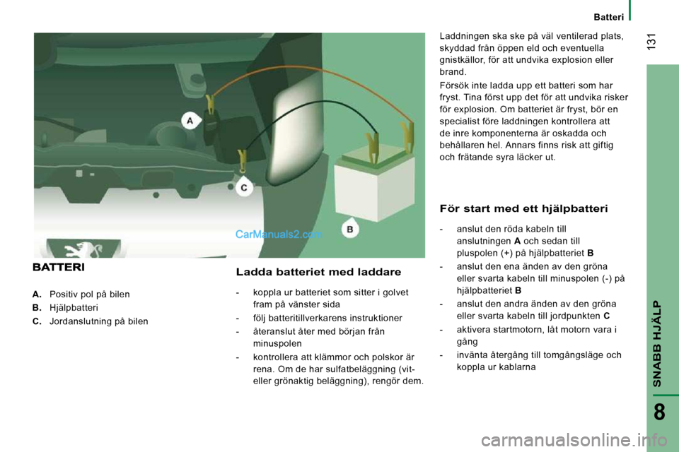 Peugeot Boxer 2010 Ägarmanual (in Swedish) 131
SNABB HJÄLP
8
Batteri
A. Positiv pol på bilen
B. Hjälpbatteri
C. Jordanslutning på bilen
Ladda batteriet med laddare
- koppla ur batteriet som sitter i Peugeot Boxer 2010 Ägarmanual (in Swedish) 131
SNABB HJÄLP
8
Batteri
A. Positiv pol på bilen
B. Hjälpbatteri
C. Jordanslutning på bilen
Ladda batteriet med laddare
- koppla ur batteriet som sitter i