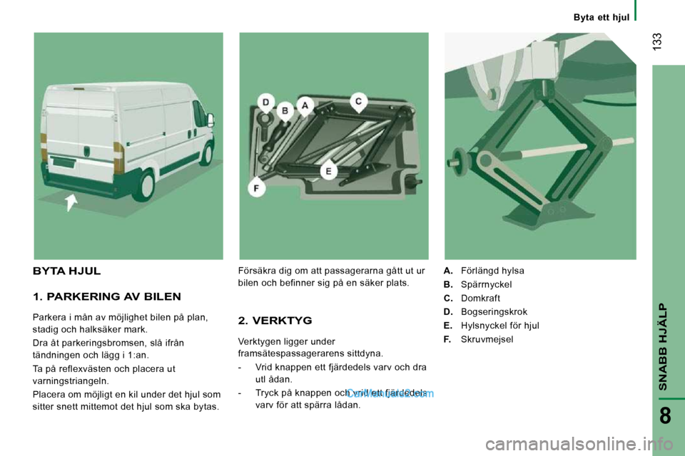 Peugeot Boxer 2010 Ägarmanual (in Swedish) Byta ett hjul
133
SNABB HJÄLP
8
1. PARKERING AV BILEN
Parkera i mån av möjlighet bilen på plan,
stadig och halksäker mark.
Dra åt parkeringsbromsen, slå ifrån
tändningen och lä Peugeot Boxer 2010 Ägarmanual (in Swedish) Byta ett hjul
133
SNABB HJÄLP
8
1. PARKERING AV BILEN
Parkera i mån av möjlighet bilen på plan,
stadig och halksäker mark.
Dra åt parkeringsbromsen, slå ifrån
tändningen och lä