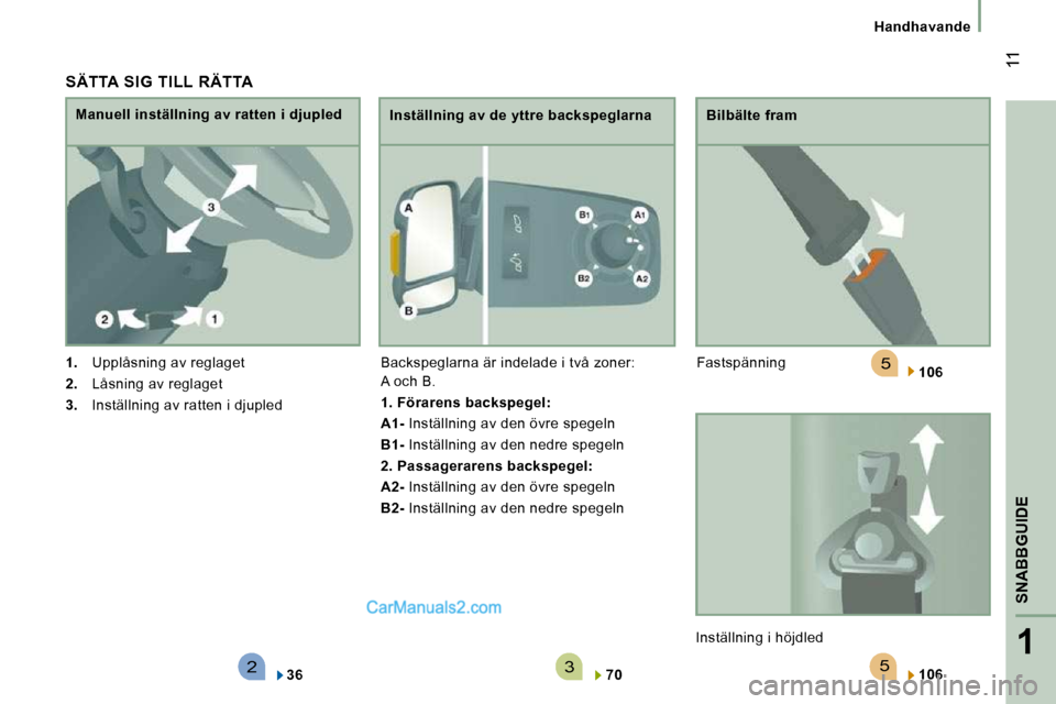 Peugeot Boxer 2010  Ägarmanual (in Swedish) 523
5
1
SNABBGUIDE
 11
   Handhavande   
  SÄTTA  SIG  TILL  RÄTTA 
   
1.    Upplåsning av reglaget 
  
2.    Låsning av reglaget 
  
3.    Inställning av ratten i djupled  
  Manuell inställni