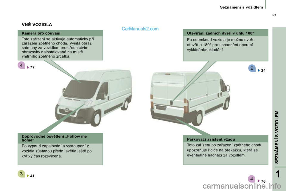 Peugeot Boxer 2010  Návod k obsluze (in Czech) 4
3
4
2
1
�S�E�Z�N�Á�M�E�N�Í� �S� �V�O�Z�I�D�L�E�M
 5
� � � �S�e�z�n�á�m�e�n�í�  �s�  �v�o�z�i�d�l�e�m� � � 
� � �K�a�m�e�r�a� �p�r�o� �c�o�u�v�á�n�í�  
� �T�o�t�o� �z�a9�í�z�e�n�í� �s�e� �a�