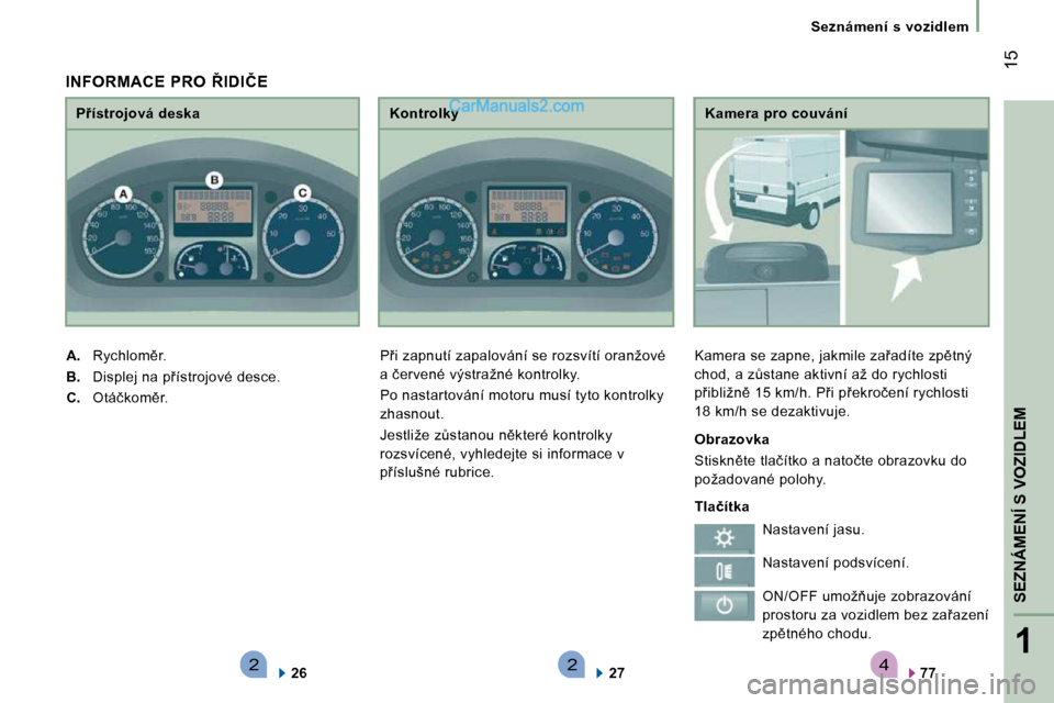 Peugeot Boxer 2010  Návod k obsluze (in Czech) 4221
�S�E�Z�N�Á�M�E�N�Í� �S� �V�O�Z�I�D�L�E�M
� �1�5
� � � �S�e�z�n�á�m�e�n�í�  �s�  �v�o�z�i�d�l�e�m� � � 
� � �K�a�m�e�r�a� �p�r�o� �c�o�u�v�á�n�í� 
� �K�a�m�e�r�a� �s�e� �z�a�p�n�e�,� �j�a�k�