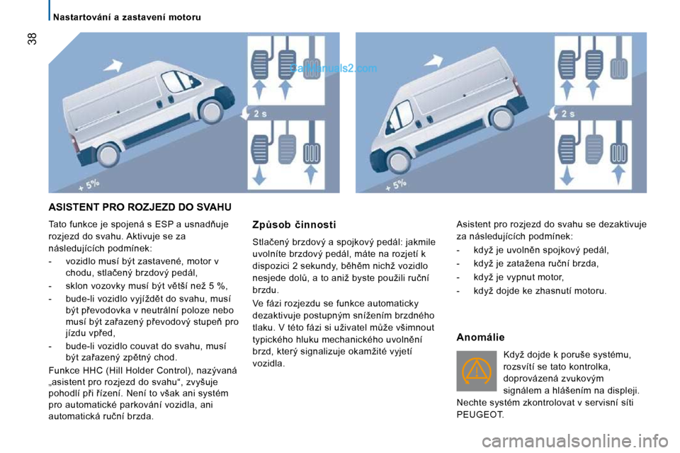 Peugeot Boxer 2010  Návod k obsluze (in Czech) � � � �N�a�s�t�a�r�t�o�v�á�n�í�  �a�  �z�a�s�t�a�v�e�n�í�  �m�o�t�o�r�u� � � 
�3�8
� �A�S�I�S�T�E�N�T� �P�R�O� �R�O�Z�J�E�Z�D� �D�O� �S�V�A�H�U� 
� �T�a�t�o� �f�u�n�k�c�e� �j�e� �s�p�o�j�e�n�á� �s