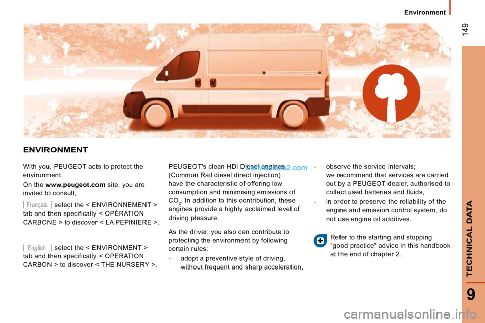 Peugeot Boxer 2008.5  Owners Manual  149
9
TECHNICAL DATA
    Environment    
 ENVIRONMENT 
 With you, PEUGEOT acts to protect the  
environment.  
 On the  www.peugeot.com   site, you are 
invited to consult,   PEUGEOTs clean HDi Dies