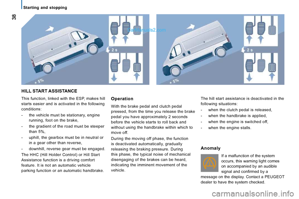 Peugeot Boxer 2008.5  Owners Manual    Starting  and  stopping   
 HILL START ASSISTANCE 
 This function, linked with the ESP, makes hill  
starts easier and is activated in the following 
conditions:  
   -   the vehicle must be statio