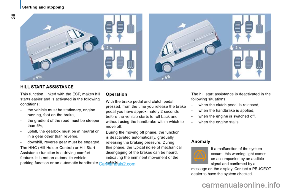 Peugeot Boxer 2008.5 Owners Guide    Starting  and  stopping   
 HILL START ASSISTANCE 
 This function, linked with the ESP, makes hill  
starts easier and is activated in the following 
conditions:  
   -   the vehicle must be statio