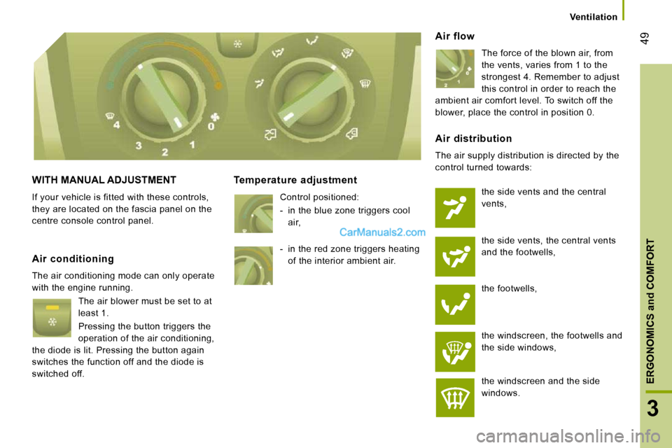 Peugeot Boxer 2008.5 Service Manual 49
3
ERGONOMICS and COMFORT
   Ventilation   
 WITH MANUAL ADJUSTMENT 
 If your vehicle is fitted with these controls,  
they are located on the fascia panel on the 
centre console control panel. 
  T