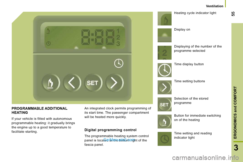 Peugeot Boxer 2008.5  Owners Manual 3
ERGONOMICS and COMFORT
   Ventilation   
 PROGRAMMABLE ADDITIONAL HEATING 
 If your vehicle is fitted with autonomous  
programmable heating: it gradually brings 
the engine up to a good temperature