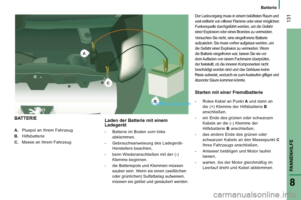 Peugeot Boxer 2008.5  Betriebsanleitung (in German)  131
   Batterie   
PANNENHILFE
8
    
A.    Pluspol an Ihrem Fahrzeug 
  
B.    Hilfsbatterie 
  
C.    Masse an Ihrem Fahrzeug   
  Laden der Batterie mit einem Ladegerät 
   -   Batterie im Boden 