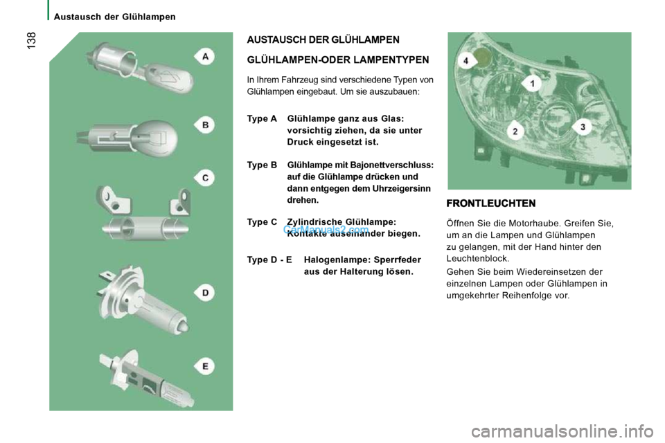 Peugeot Boxer 2008.5  Betriebsanleitung (in German)  138
   Austausch  der  Glühlampen   
  GLÜHLAMPEN-ODER LAMPENTYPEN 
 In Ihrem Fahrzeug sind verschiedene Typen von  
Glühlampen eingebaut. Um sie auszubauen: 
 AUSTAUSCH DER GLÜHLAMPEN 
  
Type A