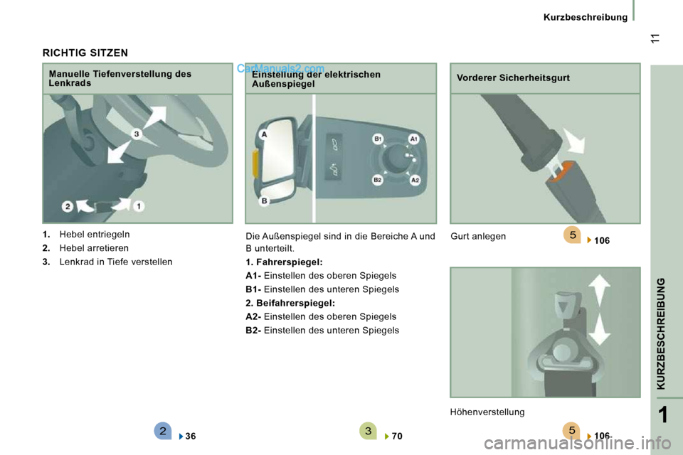 Peugeot Boxer 2008.5  Betriebsanleitung (in German) 523
5
1
KURZBESCHREIBUNG
 11
Kurzbeschreibung
  RICHTIG  SITZEN 
   
1.    Hebel entriegeln 
  
2.    Hebel arretieren 
  
3.    Lenkrad in Tiefe verstellen  
  Manuelle Tiefenverstellung des  
Lenkra