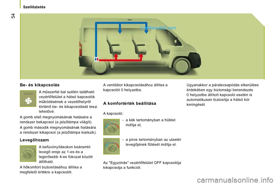 Peugeot Boxer 2008.5  Kezelési útmutató (in Hungarian) 54
� � � �S�z�e�l�l5�z�t�e�t�é�s� � � 
  Be-  és  kikapcsolás 
� � �A� �mC�s�z�e�r�f�a�l� �b�a�l� �s�z�é�l�é�n� �t�a�l�á�l�h�a�t�ó�  
�v�e�z�é�r�l5�f�e�l�ü�l�e�t� �a� �h�á�t�s�ó� �k�a�p�