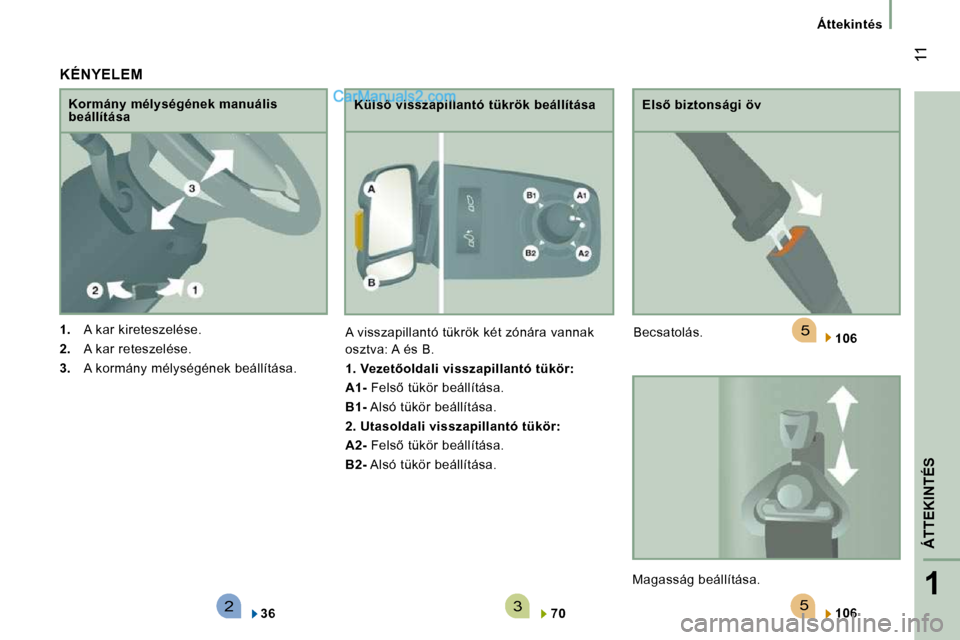 Peugeot Boxer 2008.5  Kezelési útmutató (in Hungarian) 523
5
1
ÁTTEKINTÉS
� �1�1
Áttekintés
  KÉNYELEM 
   
1. � �  �A� �k�a�r� �k�i�r�e�t�e�s�z�e�l�é�s�e�.� 
  
2. � �  �A� �k�a�r� �r�e�t�e�s�z�e�l�é�s�e�.� 
  
3. � �  �A� �k�o�r�m�á�n�y� �m�é�l
