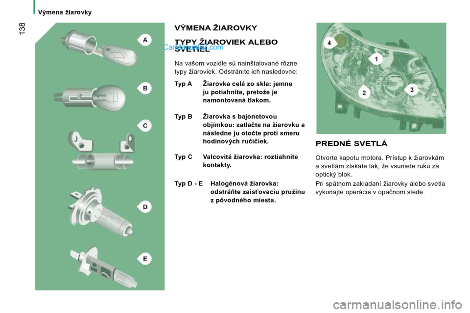 Peugeot Boxer 2008.5  Užívateľská príručka (in Slovak)  138� � �T�Y�P�Y� �Ž�I�A�R�O�V�I�E�K� �A�L�E�B�O� SVETIEL 
� �N�a� �v�a�š�o�m� �v�o�z�i�d�l�e� �s�ú� �n�a�i�n�š�t�a�l�o�v�a�n�é� �r�ô�z�n�e�  
�t�y�p�y� �ž�i�a�r�o�v�i�e�k�.� �O�d�s�t�r�á�n�i�