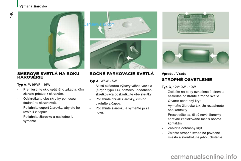 Peugeot Boxer 2008.5  Užívateľská príručka (in Slovak)  140
  SMEROVÉ SVETLÁ NA BOKU KAROSÉRIE 
  
�T�y�p� �A  , W16WF - 16W 
� � � �-� �  �P�r�e�m�i�e�s�t�n�i�t�e� �s�k�l�o� �s�p�ä�t�n�é�h�o� �z�r�k�a�d�l�a�,� �č�í�m�  �z�í�s�k�a�t�e� �p�r�í�s�t