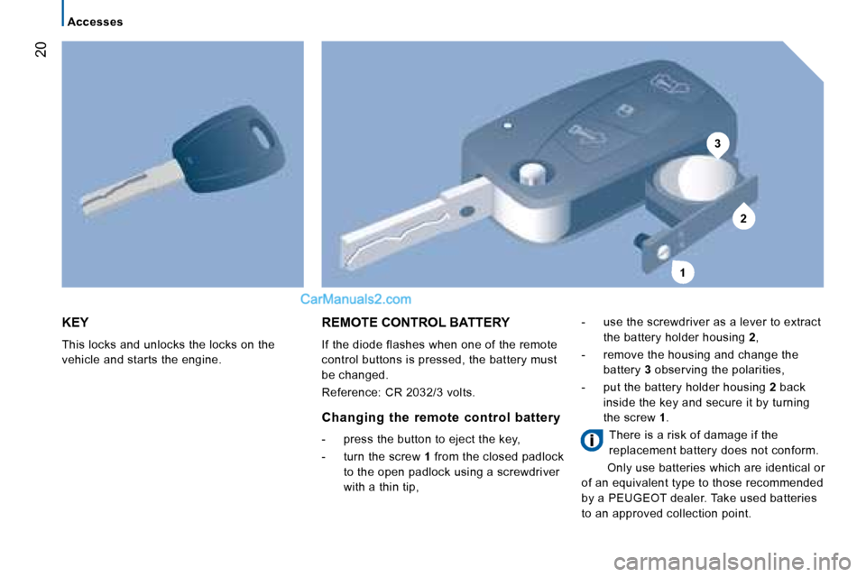 Peugeot Boxer 2008 Owners Manual 3
2
1
20
Accesses
KEY
This locks and unlocks the locks on the
vehicle and starts the engine.
REMOTE CONTROL BATTERY
If the diode flashes when one of the remote
control buttons is pressed, the ba Peugeot Boxer 2008 Owners Manual 3
2
1
20
Accesses
KEY
This locks and unlocks the locks on the
vehicle and starts the engine.
REMOTE CONTROL BATTERY
If the diode flashes when one of the remote
control buttons is pressed, the ba