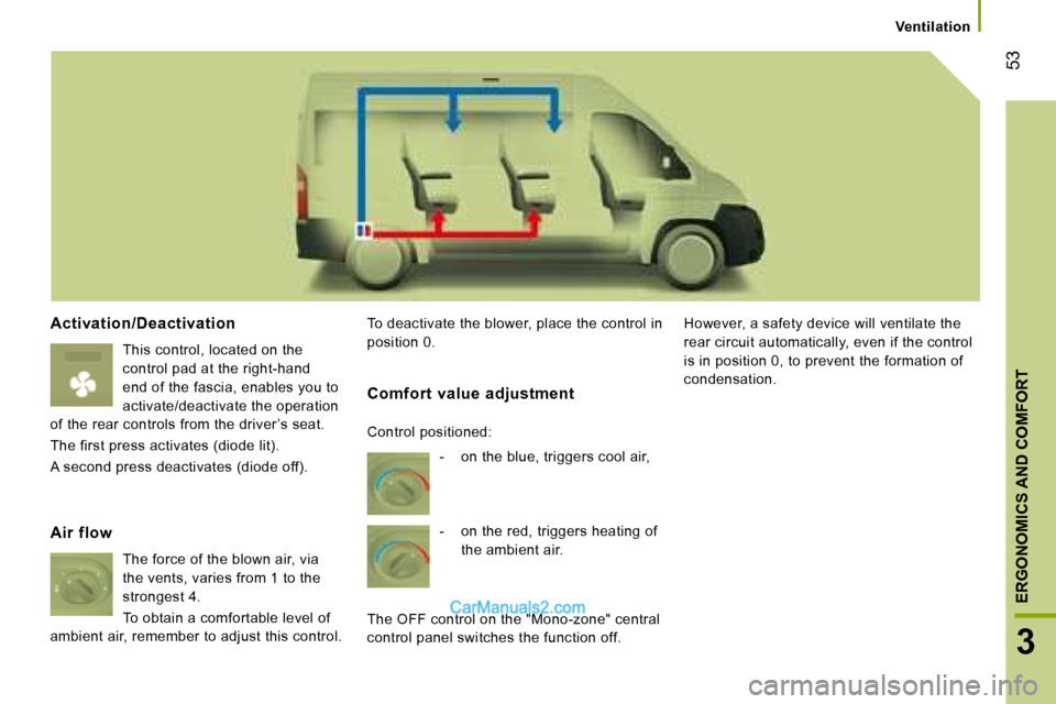 Peugeot Boxer 2008 Owners Guide  53
3
ERGONOMICS AND COMFORT
Ventilation
Activation/Deactivation
This control, located on the  
control pad at the right-hand 
end of the fascia, enables you to 
activate/deactivate the operation 
of 
