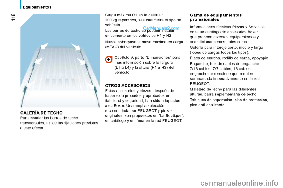 Peugeot Boxer 2008 Manual del propietario (in Spanish) 118
Equipamientos
GALERÍA DE TECHO
Para instalar las barras de techo
transversales, utilice las fijaciones previstas
a este efecto.Capítulo 9, parte "Dimensiones" para
más información sobre Peugeot Boxer 2008 Manual del propietario (in Spanish) 118
Equipamientos
GALERÍA DE TECHO
Para instalar las barras de techo
transversales, utilice las fijaciones previstas
a este efecto.Capítulo 9, parte "Dimensiones" para
más información sobre