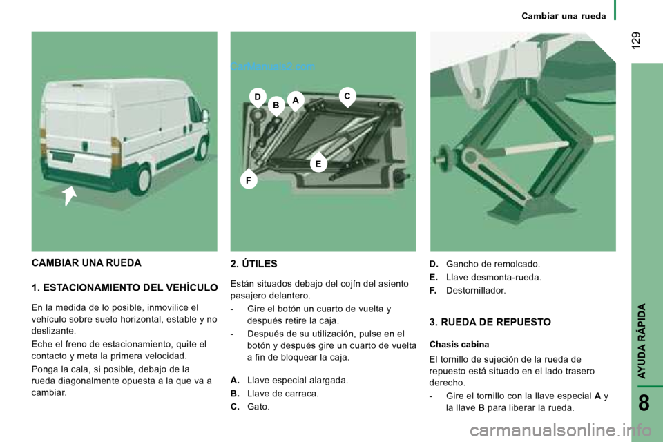 Peugeot Boxer 2008  Manual del propietario (in Spanish) BA
E
CD
F
 129
AYUDA RÁPIDA
8
Cambiar  una  rueda
1. ESTACIONAMIENTO DEL VEHÍCULO 
En la medida de lo posible, inmovilice el  
vehículo sobre suelo horizontal, estable y no 
deslizante. 
Eche el fr