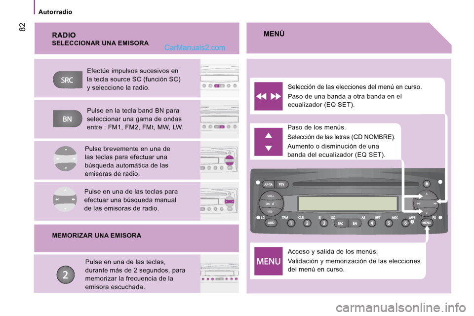Peugeot Boxer 2008 Manual del propietario (in Spanish) 82
Autorradio
RADIOAcceso y salida de los menús.
Validación y memorización de las elecciones
del menú en curso.
Paso de los menús.
Selección de las letras (CD NOMBRE).
Aumento o disminució Peugeot Boxer 2008 Manual del propietario (in Spanish) 82
Autorradio
RADIOAcceso y salida de los menús.
Validación y memorización de las elecciones
del menú en curso.
Paso de los menús.
Selección de las letras (CD NOMBRE).
Aumento o disminució
