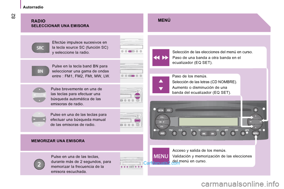 Peugeot Boxer 2008 Manual del propietario (in Spanish) 82
Autorradio
RADIOAcceso y salida de los menús.
Validación y memorización de las elecciones
del menú en curso.
Paso de los menús.
Selección de las letras (CD NOMBRE).
Aumento o disminució Peugeot Boxer 2008 Manual del propietario (in Spanish) 82
Autorradio
RADIOAcceso y salida de los menús.
Validación y memorización de las elecciones
del menú en curso.
Paso de los menús.
Selección de las letras (CD NOMBRE).
Aumento o disminució
